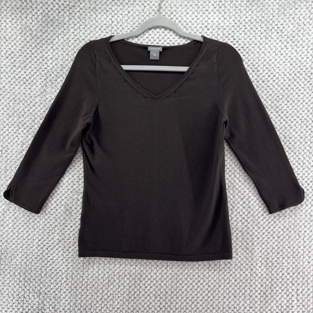 Ann‎ Taylor Top Womens M Brown Silk Blend Knit V-Neck 3/4 Sleeve Casual Career